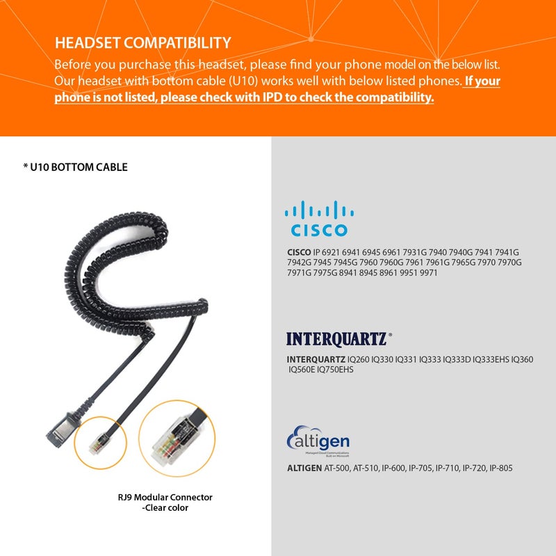 IPD IPH-250 Phone Headset with Noise Cancelling Microphone for Office and Call Center -Compatible with Cisco landline Phones -7800/7900/8800/6945 Series, Interquartz and Altigen landline Phones - Image 2